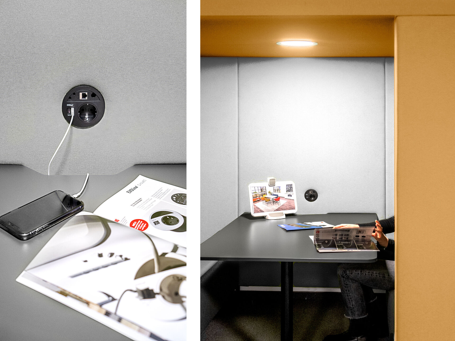 Flexible Stromversorgung für Besprechungskabinen und Coworking Spaces Modulare Steckdosensystem Circle80 mit Strom- und Datenanschluss